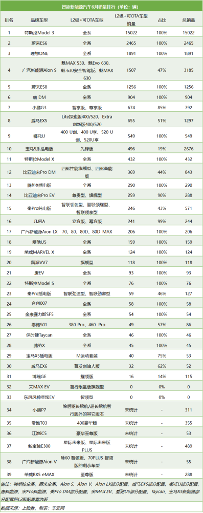 6月智能新能源排行榜：消费者更看重纯电动的智能化